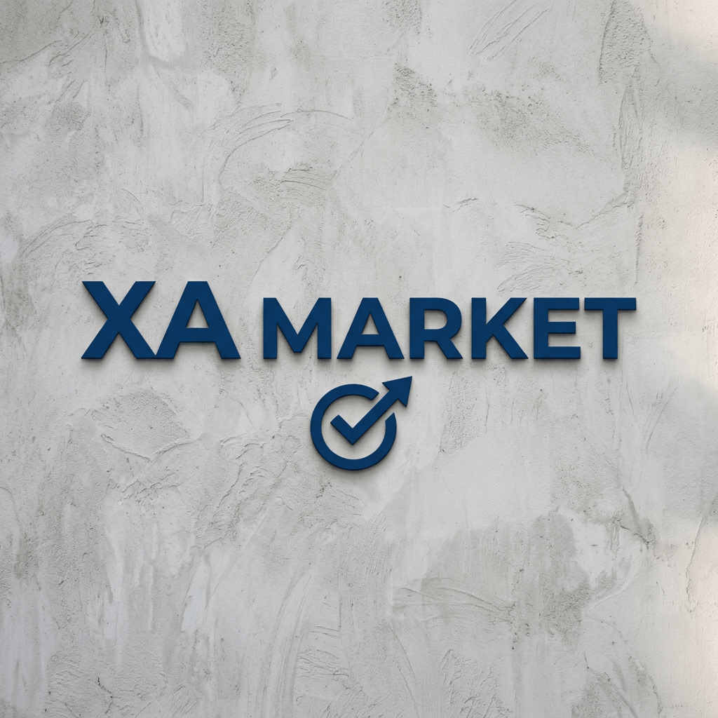 XA Market logo with an arrow and checkmark symbol on gray textured wall